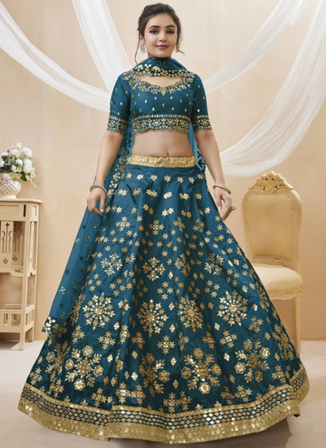 Mulberry Silk Foil Embroidered Work Teal Blue Lehenga Choli